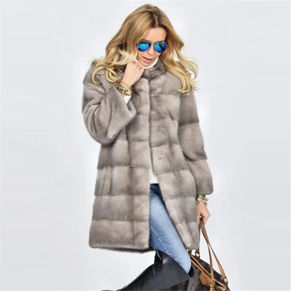 TOPFUR Winter Real Mink Fur Coat Women Natural Real Mink Fur Medium Coats Thick Warm Full Sleeves Coat Mandarin Collar Grey