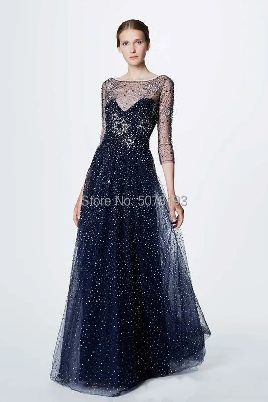 2019 hot sale scoop 3/4 sleeves A-line floor-length tulle evenig dress/gowns zipper&beading free shipping