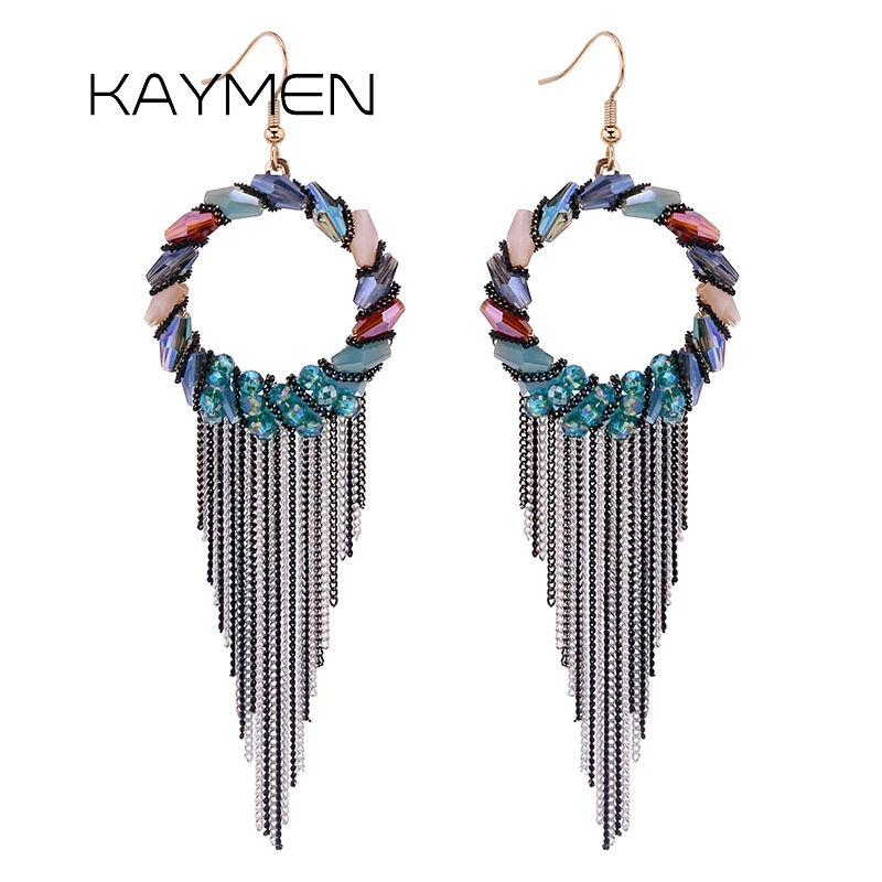 

KAYMEN Handmade Crystals Beaded Tassles Bohemia Statement Drop Earrings For Girls Women Party Porm