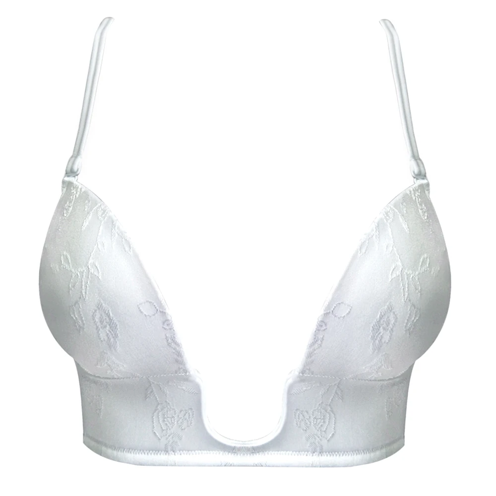 YANDW White Push up Bra sexy plunge Deep Gather Simple transparent Straps Floral Silicone women bra 70 75 80 85 90 95 A B C D E