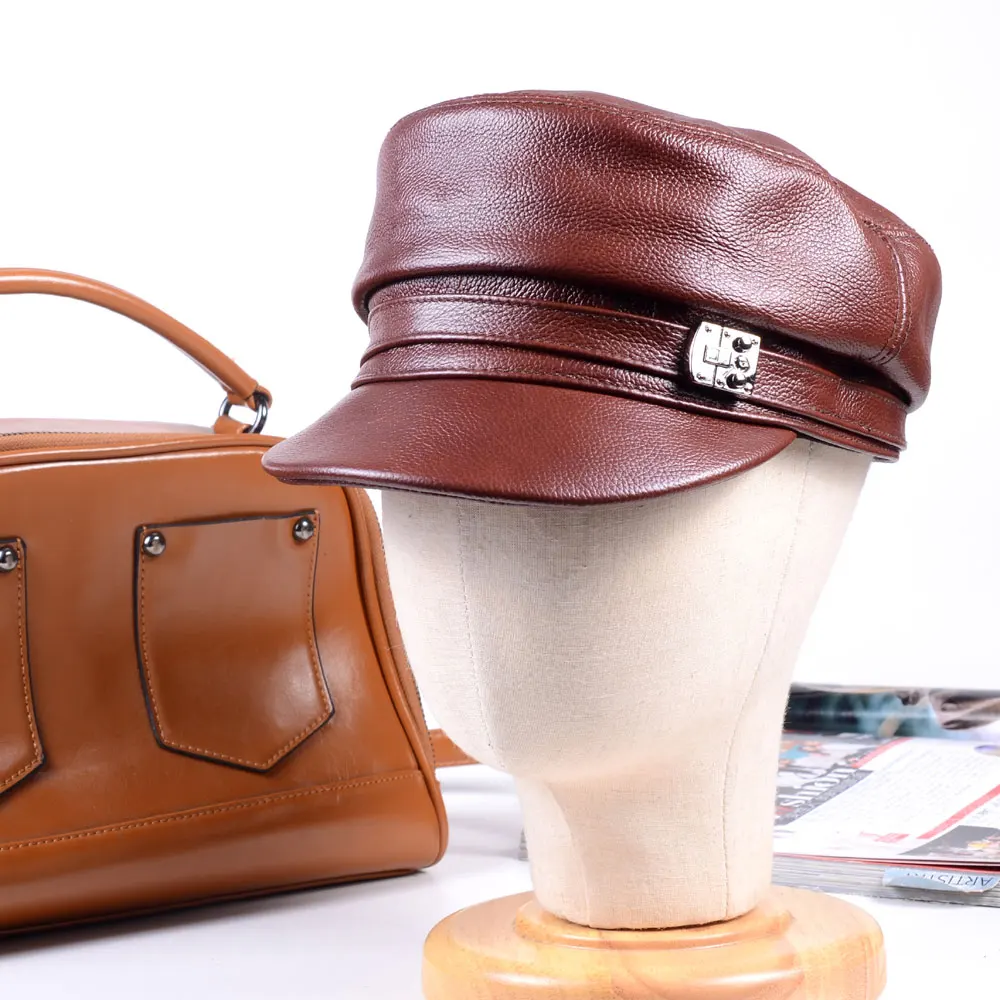 New Women's Ladies Genuine leather Cowhide Flat Cap Newsboy Beaine Beret Hats/Caps