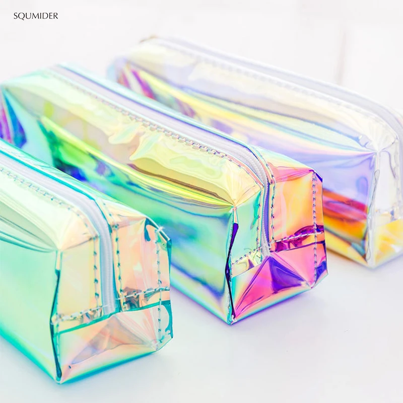 Creative Laser School Pencil Cases Colorful Transparent Cosmetic Makeup Bag Pouch Cute Girls Pencil Bag High Capacity School