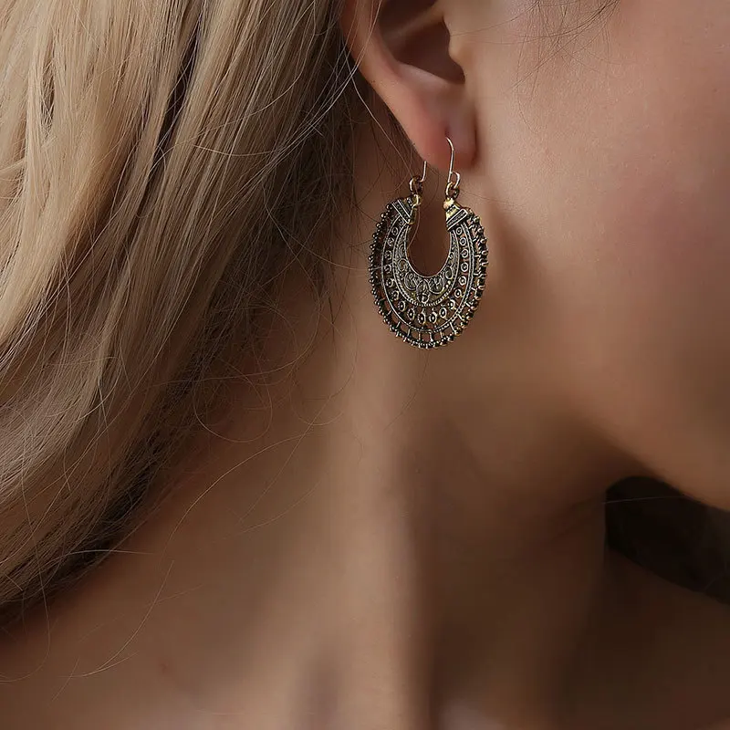 Bohemia Ethnic Design Semicircle Vintage Pattern Bronze Ancient Silver Plated Drop Earrings Dangle Earrings For Women