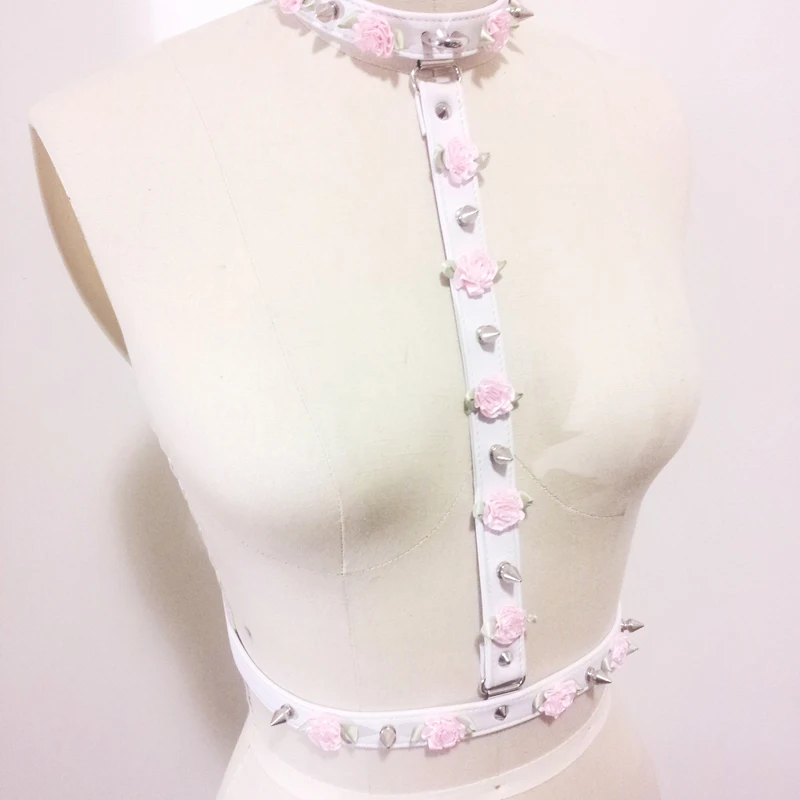 

Hand Crafted Cute Flower Choker Leather Girl Harness Spiked Studded Lolita Fashion Floral Collar Body Waist Belt