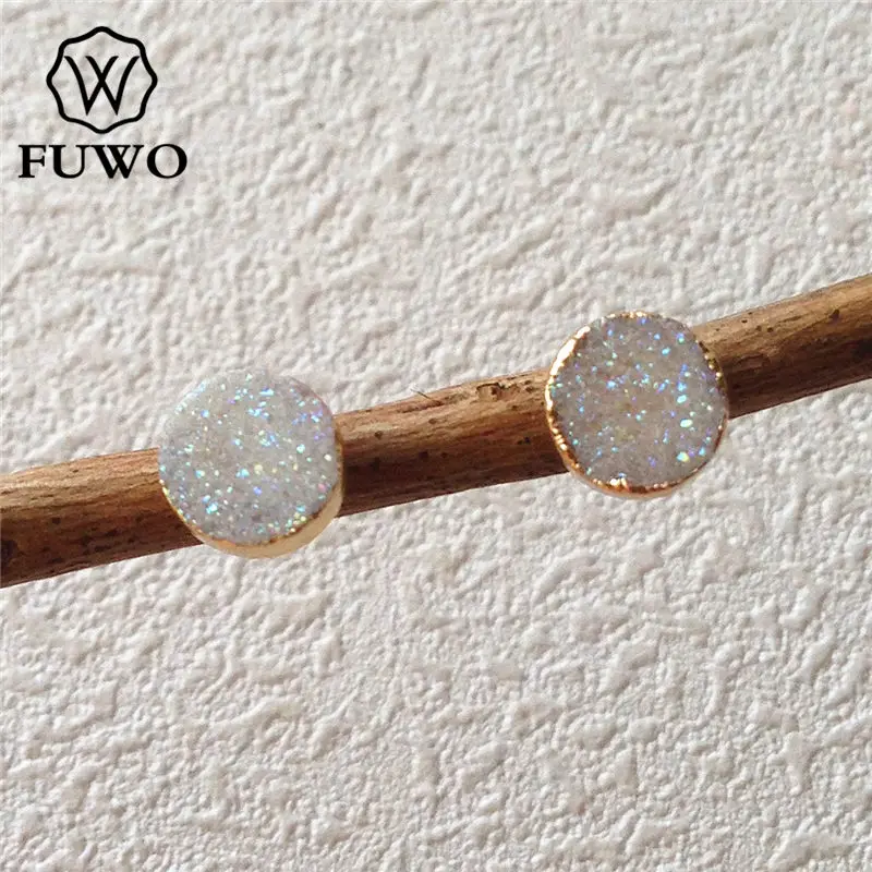 FUWO Natural Druzy Stud Earrings,Gold Color Plated Minimalist Design Aura Crystal Cluster Earrings Jewelry For Women ER035 5Pair