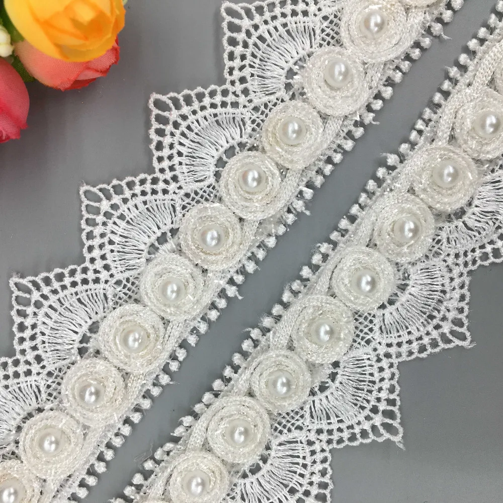 

2 yard Soluble Rose Flower Pearl Embroidered French Lace Trim Ribbon Fabric Sewing Craft Wedding Dress Costume Hat Decoration