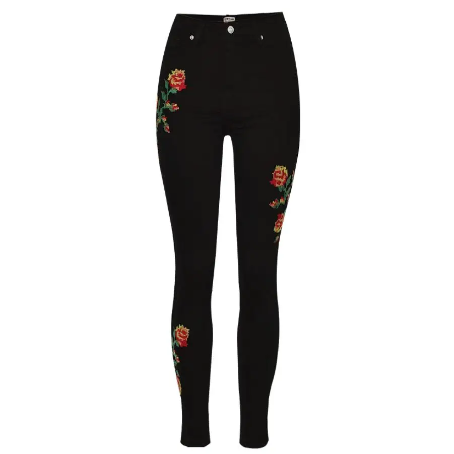 

spring autumn fashion rose Embroidered Women Pencil skinny Black High Waist Denim pants