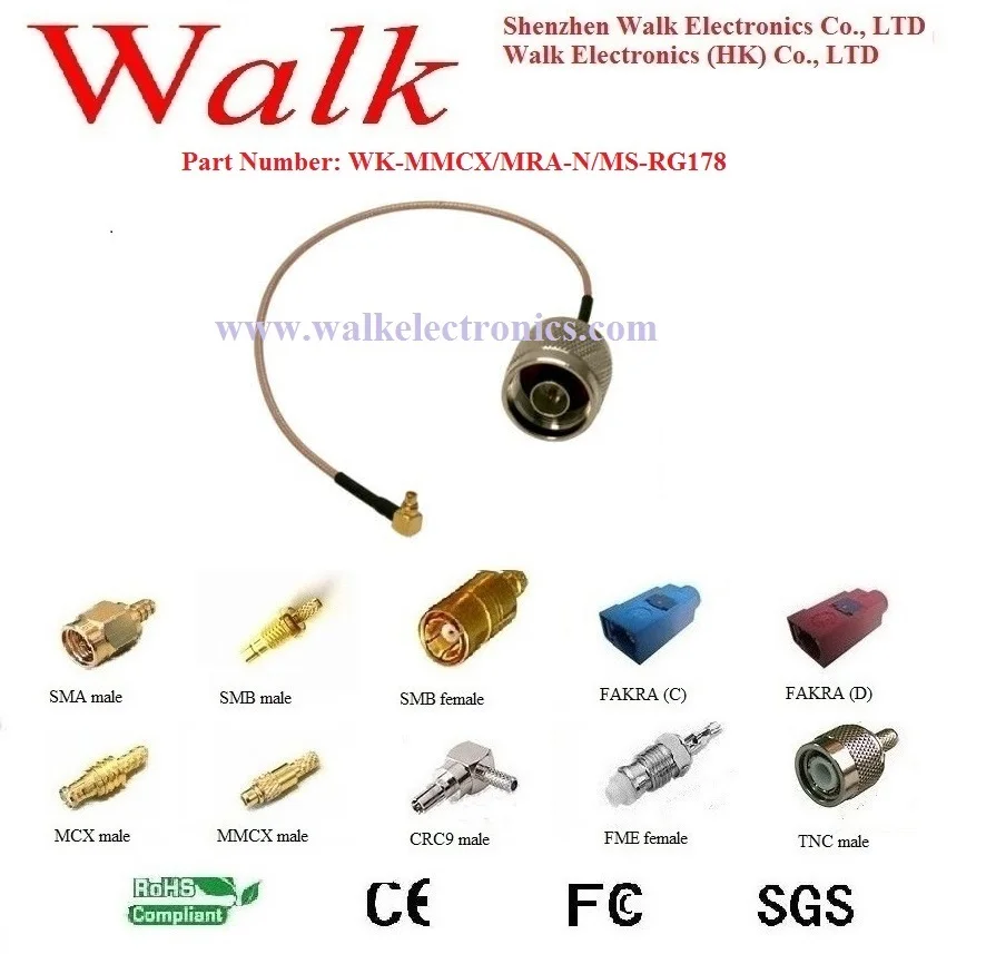 RF cable assembly: N male straight to MMCX male right angle with RG178 cable