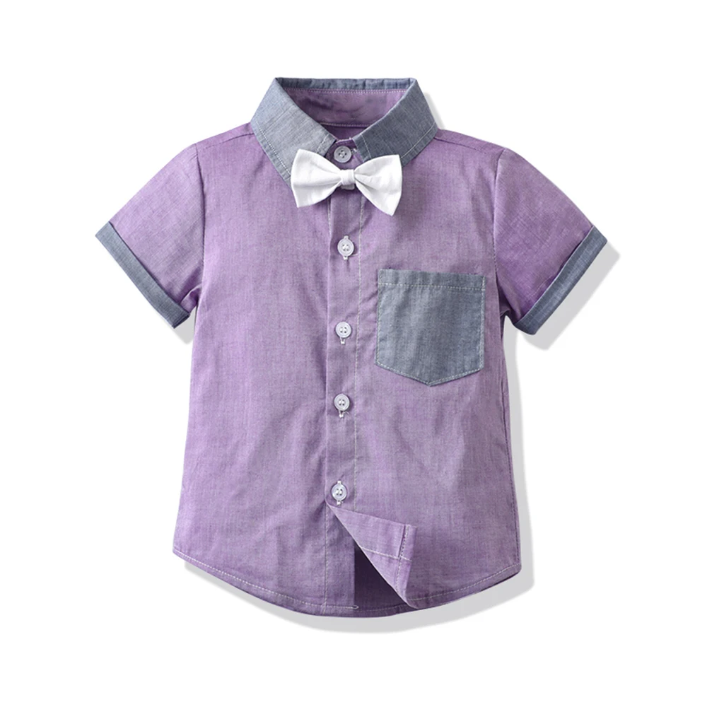 Top and Top Summer Kids Boys Casual Clothing Sets Short Sleeve Purple Shirt+Overalls Children Boy Gentleman Outfits Bebe Suit