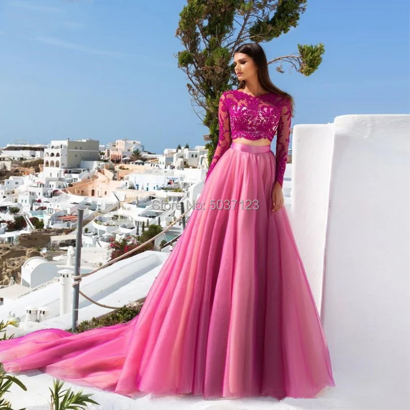 

Hot Pink Two Pieces Prom Dresses Boho Lace Long Sleeves A-line Appliques Tulle Long Formal Party Evening Gown Open Back