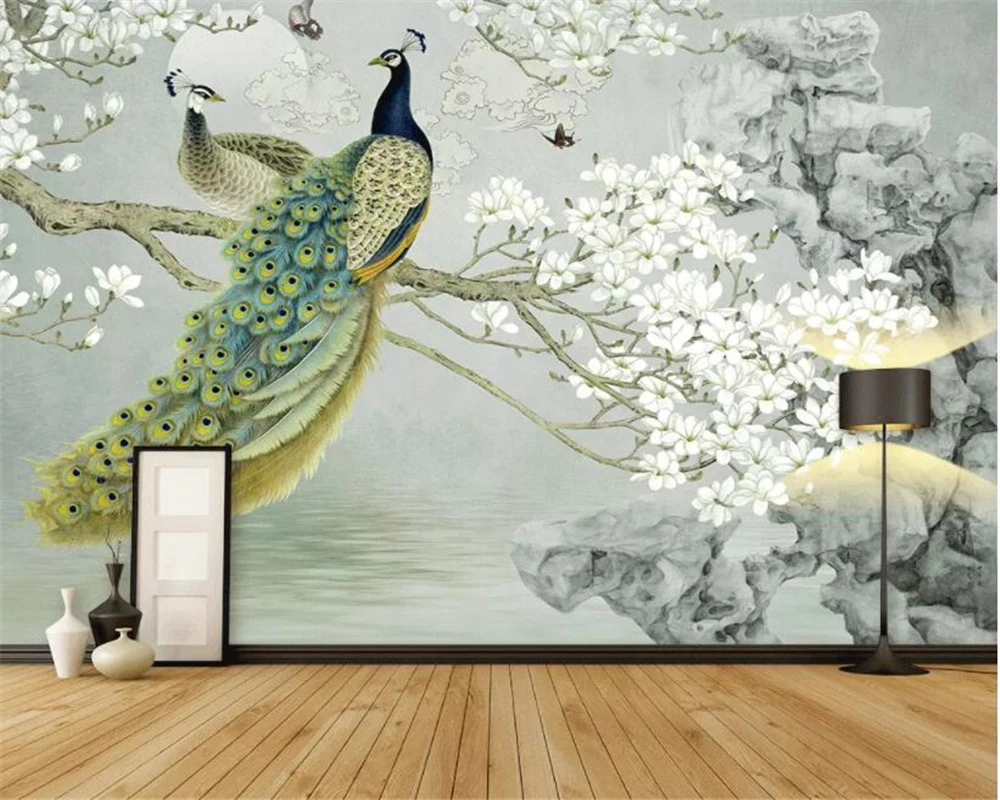 

Custom wallpaper new Chinese white magnolia peacock rockery living room sofa TV background papier peint 3d wallpaper