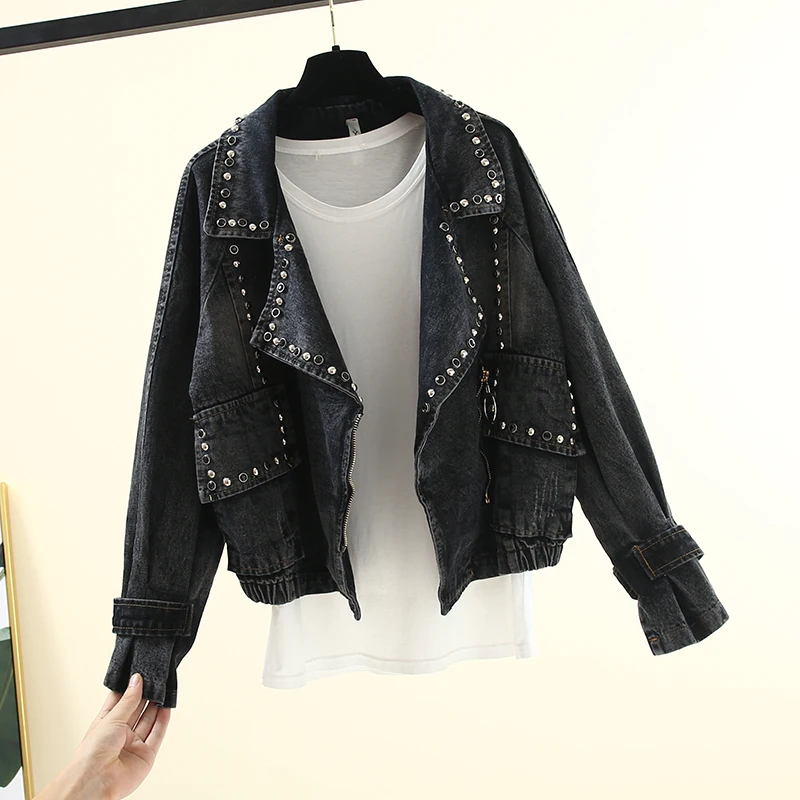 

Women Casual Denim Jacket Rivets Baggy Boyfriend Casual Jeans Outerwear Denim Coat Ladies Beads Loose High Street Jeans Jacket