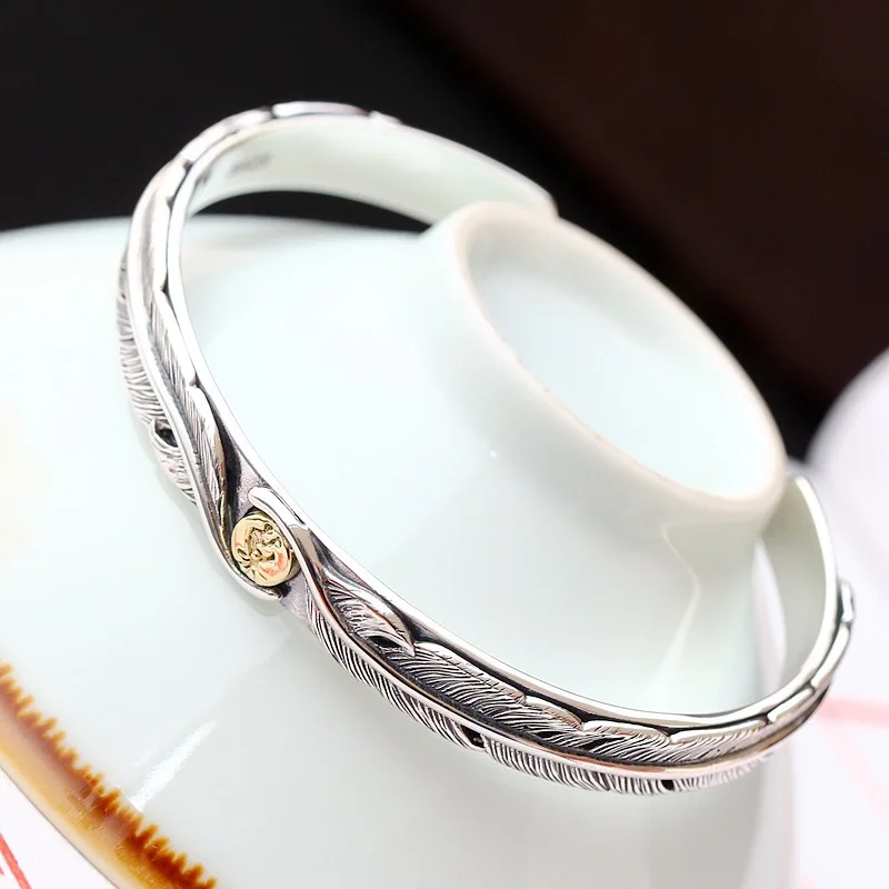 

Retro Thai Silver Jewelry Wholesale Men And Women S925 Sterling Silver Cuff Bangle Handmade Vintage Feather Thai Silver Bangle