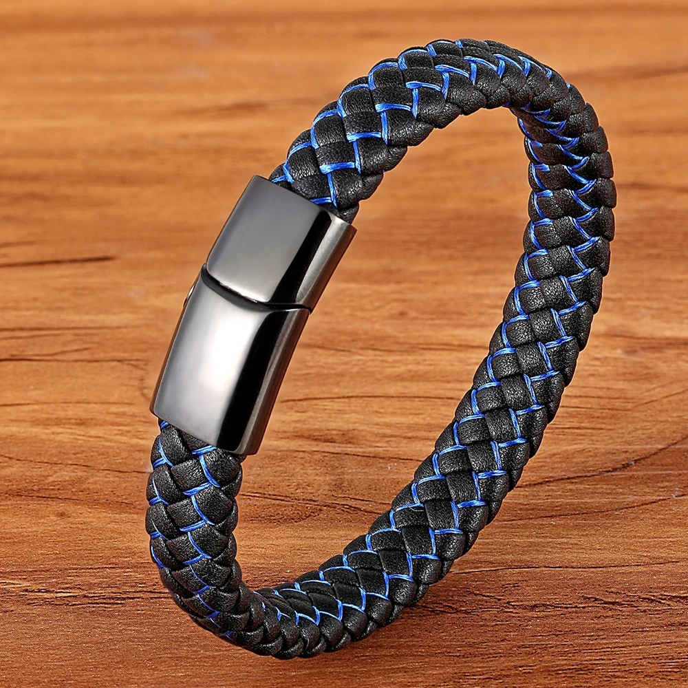 XQNI Men Jewelry Punk Black Blue Braided Leather Bracelet for Men Stainless Steel Magnetic Clasp Fashion Bangles Gifts 6 Colors