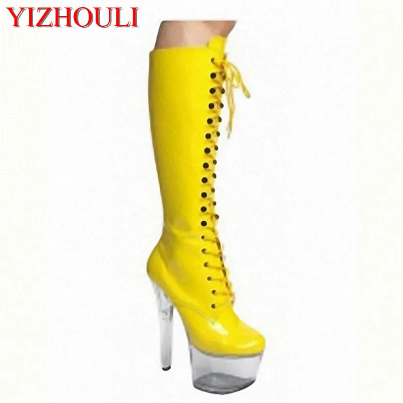 

15 cm high boots, transparent crystal bottom, sexy women's club stage show high boots