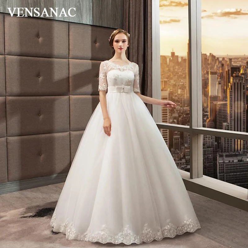 

VENSANAC Illusion O Neck Bow Sash Ball Gown Sequined Wedding Dresses Lace Appliques Half Sleeve Bridal Gowns