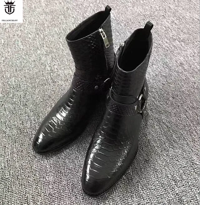 Black Snakeskin Genuine Leather Chelsea Boots Botines Buckle Strappy Men Ankle Boots Flats Trainers Side Zip Sapatos Shoes Men