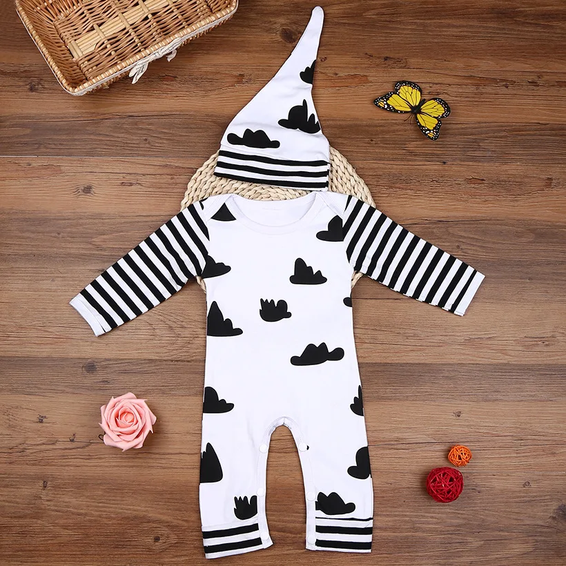 New Arrival Baby Boy Rompers Hat Suit Newborn Jumpsuits Cloud Black Stripe Bebe Roupas Baby Girl Clothes 100% Cotton image 2