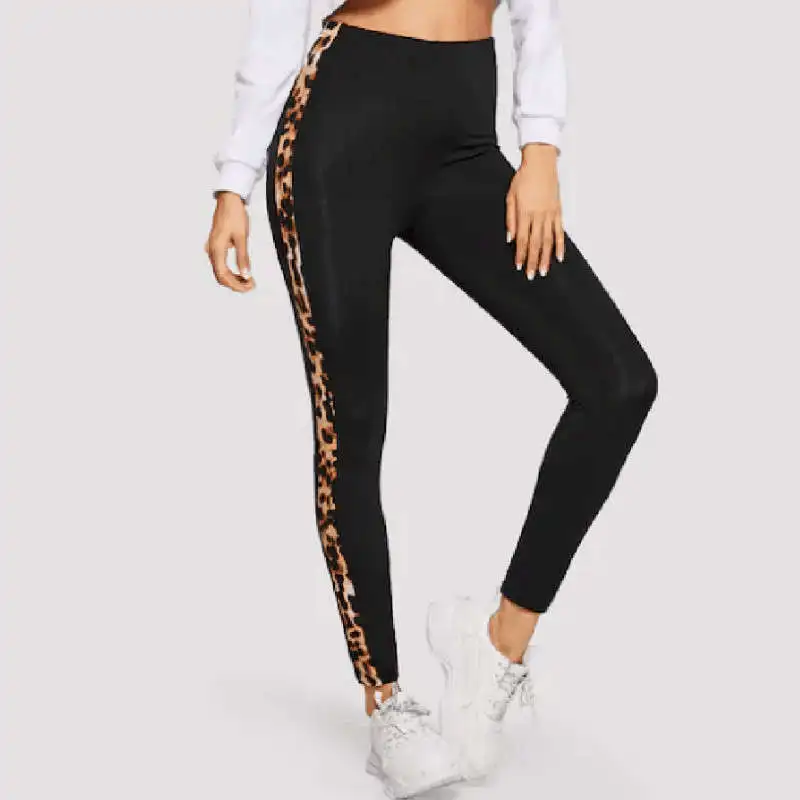 Black Elegant Modern Lady Solid Striped Side Leopard Print Leggings 2019 Autumn Highstreet Women Pants Trousers