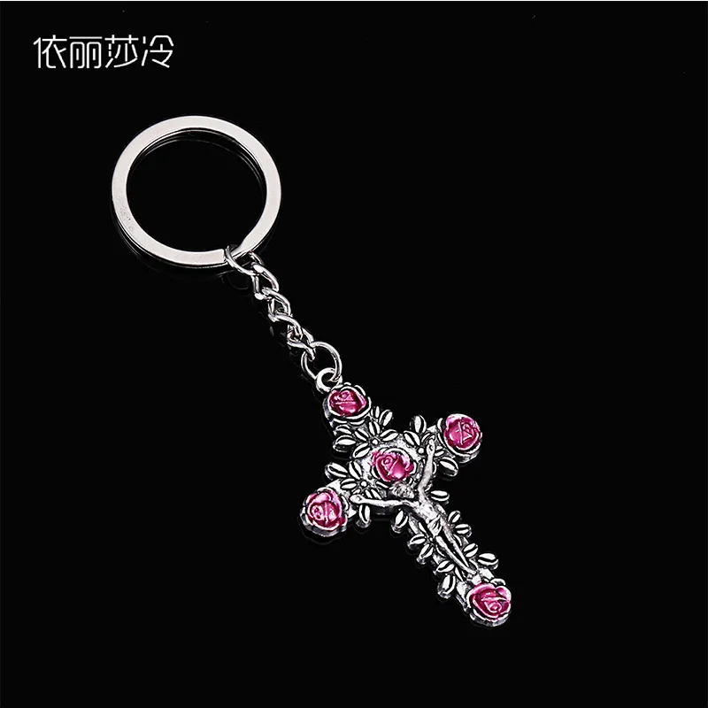 48 pieces / Jesus cross key ring cross pink rose key ring Catholic Virgin Mary mercy mother Jesus charm gift jewelry