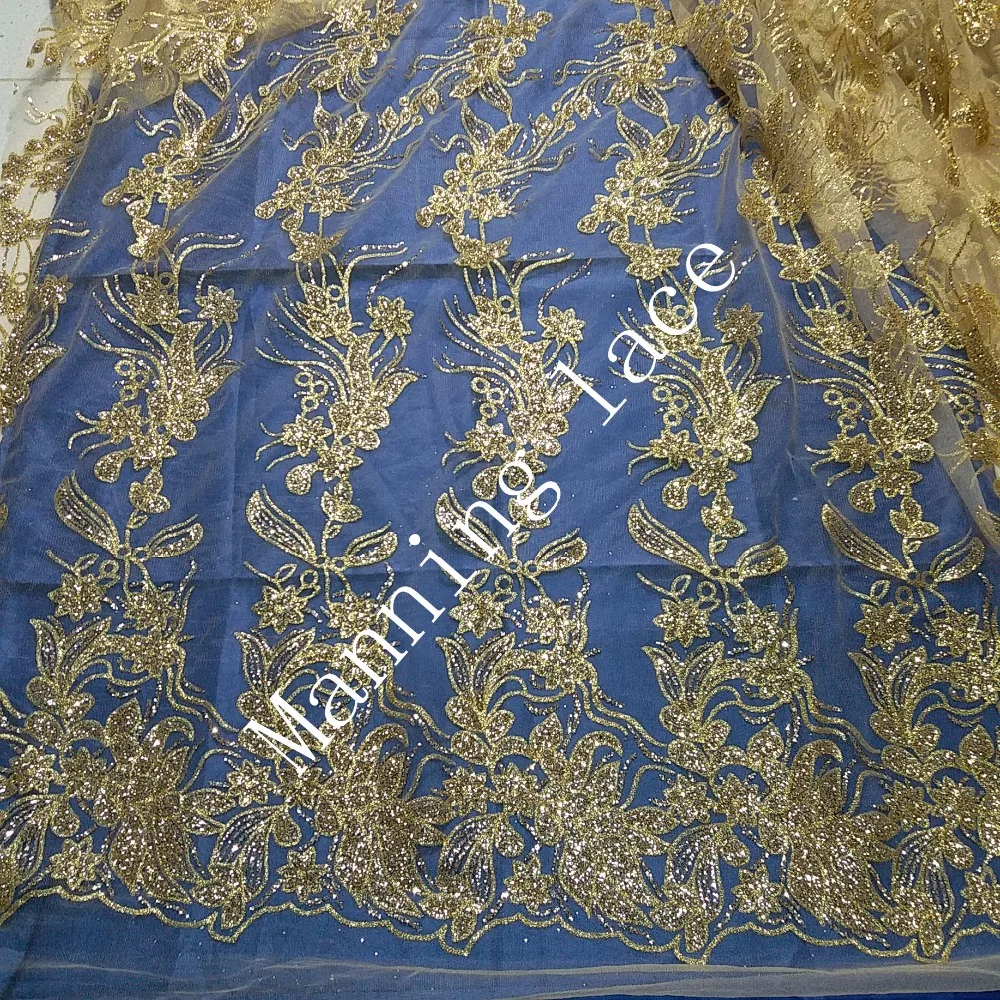 Yellow African flashing floral lace fabric, high quality French nobleness and beautiful wedding dress lace fabric.