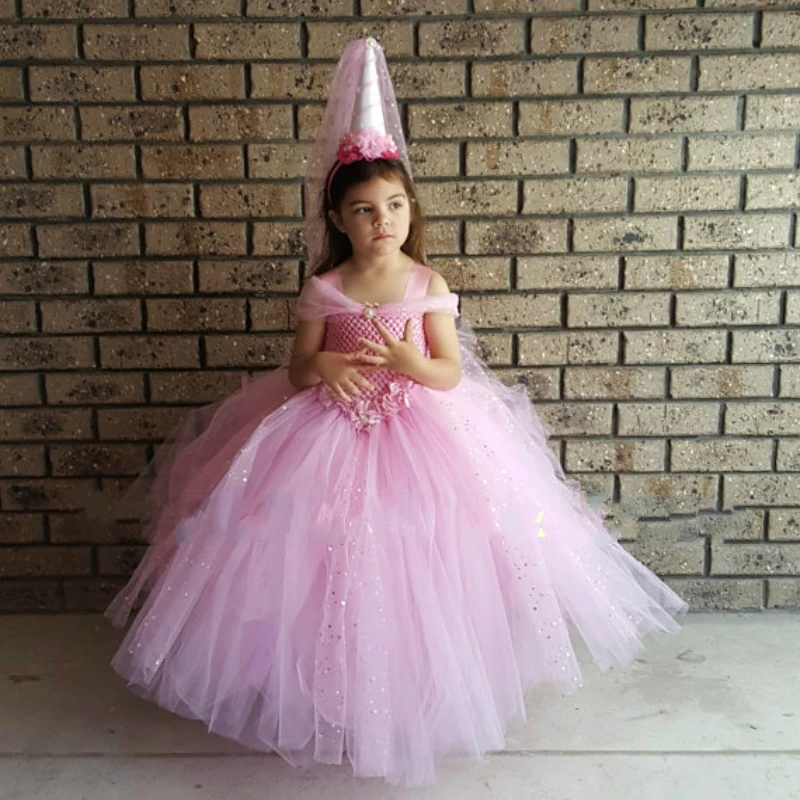 POSH DREAM Pink Glittery Ball Gown Kids Tutu Dress Pony Unicorn Party Children Costume Pink Sequins Tulle Flower Girl Dress