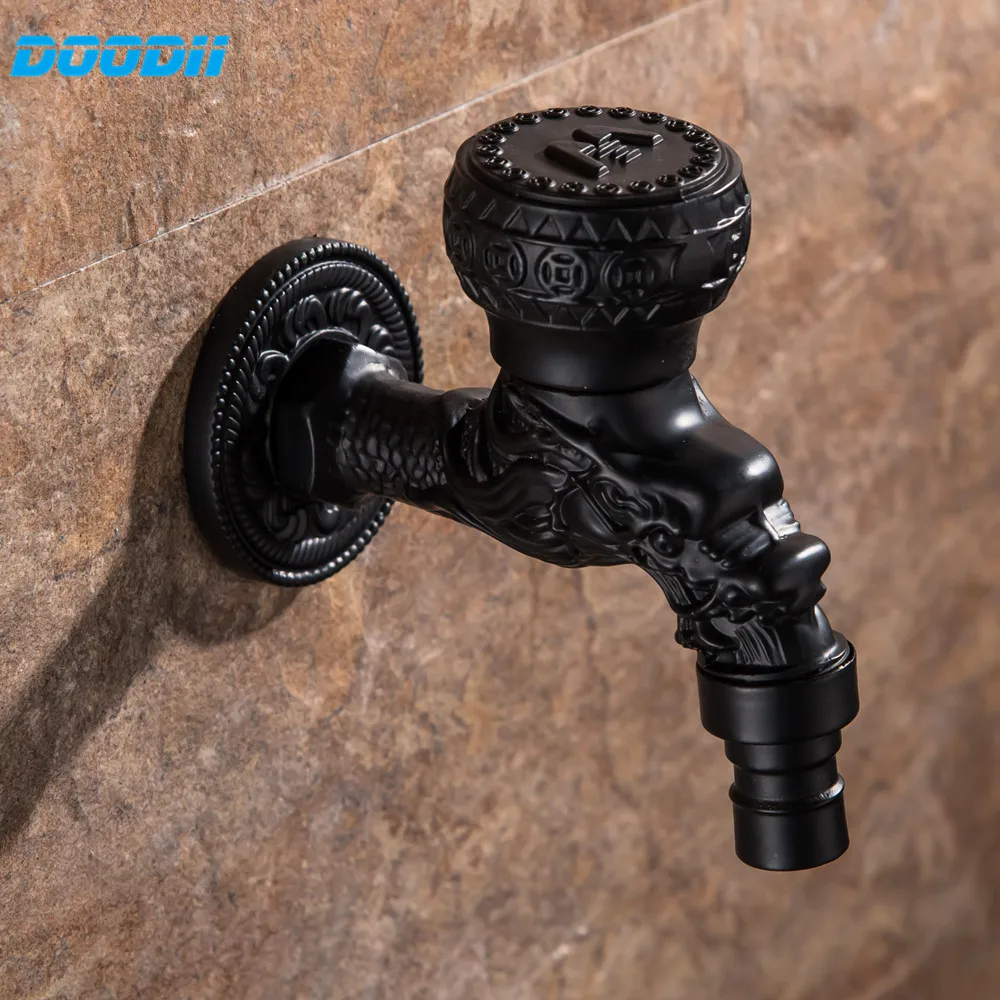 Carved Wall Mount Brass Black Painting Bibcock,Decorative Outdoor Garden Faucet Washing Machine Faucet Small Tap Doodii