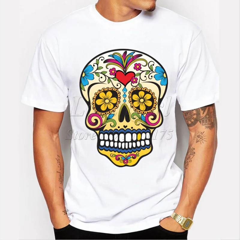 

TEEHUB men's fashion short sleeve gold tooth floral sugar skull t-shirt Harajuku funny tee