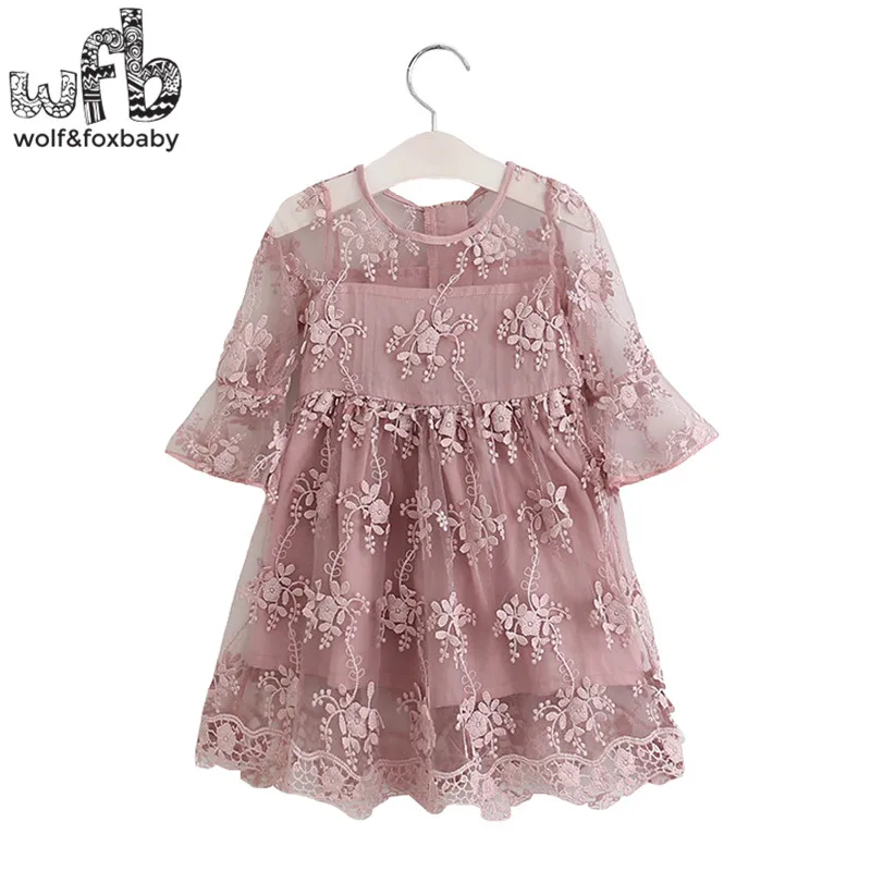 

Retail 2-10 years half sleeves girl lace embroidery dress children spring autumn fall summer