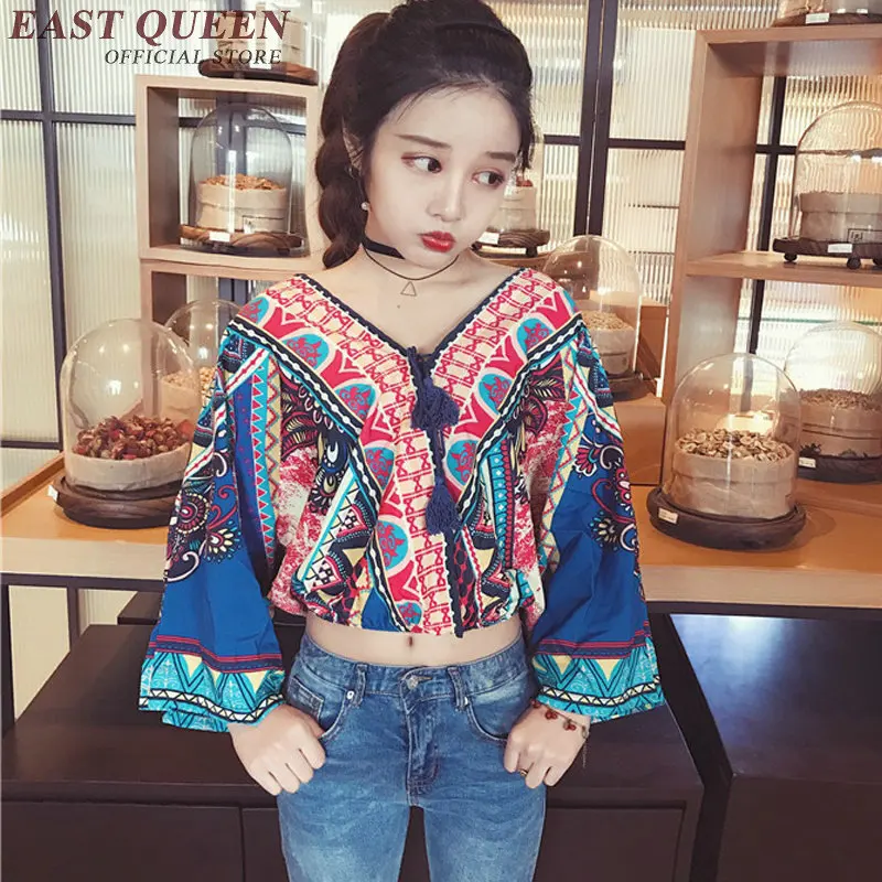 Tribal print blouses cold shoulder tops woman boho kimono summer beach boho shirt long sleeve NN0254 YW