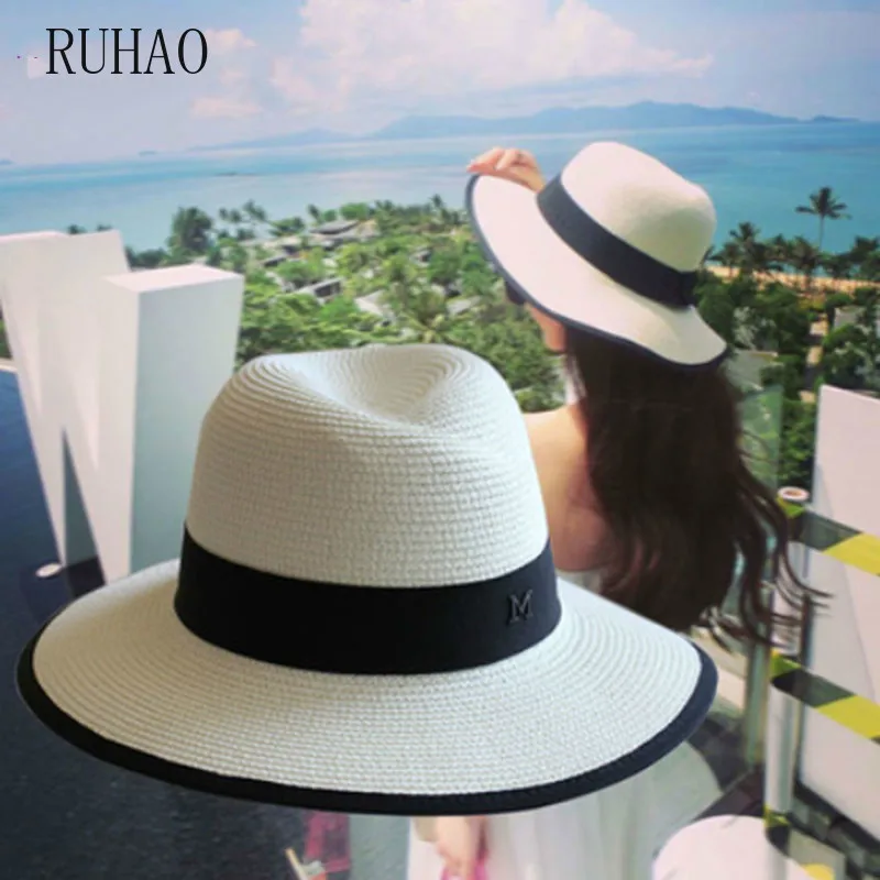 RUHAO Women Summer Beach Sun Cap 2019 New Brand Flat Top Straw Hat Men Boater Hats Bone Feminino wide brim floppy hat