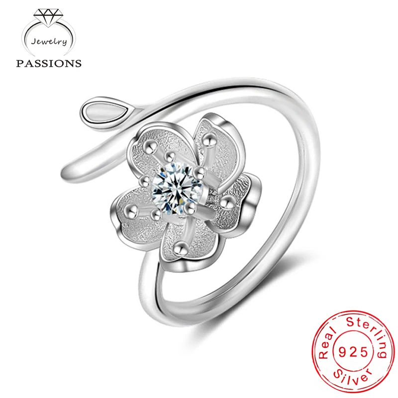 Heißer Verkauf Mode 925 Sterling Silber AAA Zirkon Blumen Ringe Offene Einstellbare Feine Sakura Strass CZ Ring Frauen Schmuck Geschenk