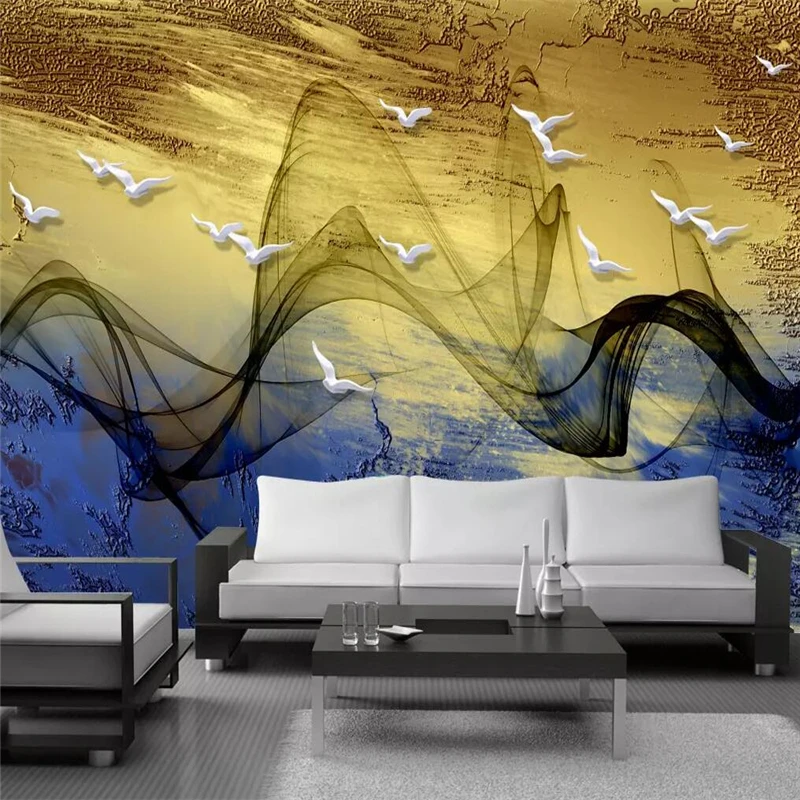 

Decorative wallpaper series abstract artistic conception abstract lines flying birds golden fresco background wall