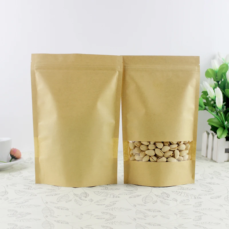 500Pcs/lot 13 Size Stand Up Doypack Zipper Kraft Paper Package With Clear Window Bag Food Storage Resealable Self seal Pouch