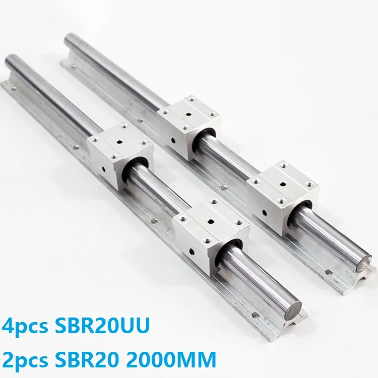 2pcs SBR20 20mm -L 2000mm support rail linear guide + 4pcs SBR20UU linear blocks CNC parts linear rail guide