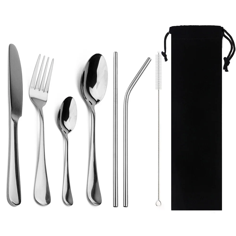 8-Pcs Black Portability Dinnerware Metal Straw Stainless Steel Colorful Tableware Steak Knife Fork Teaspoon Dinner Cutlery Set