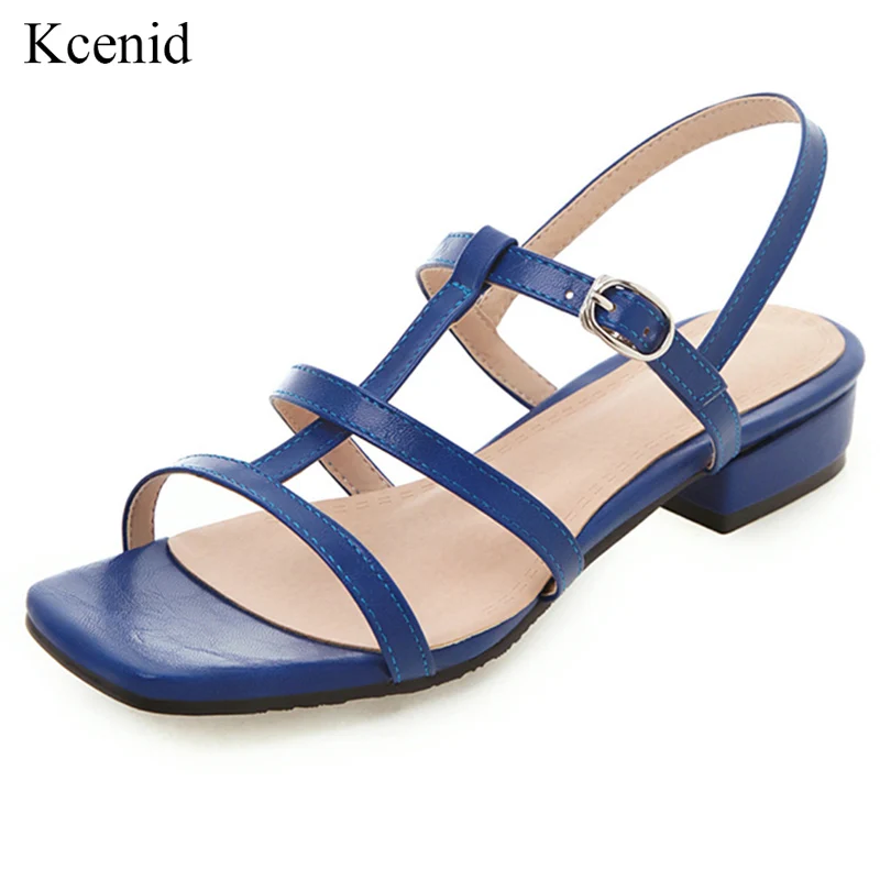 Kcenid Hot sale PU sandals women summer square heel gladiator sandals buckle strap concise shoes blue sandals for women big size