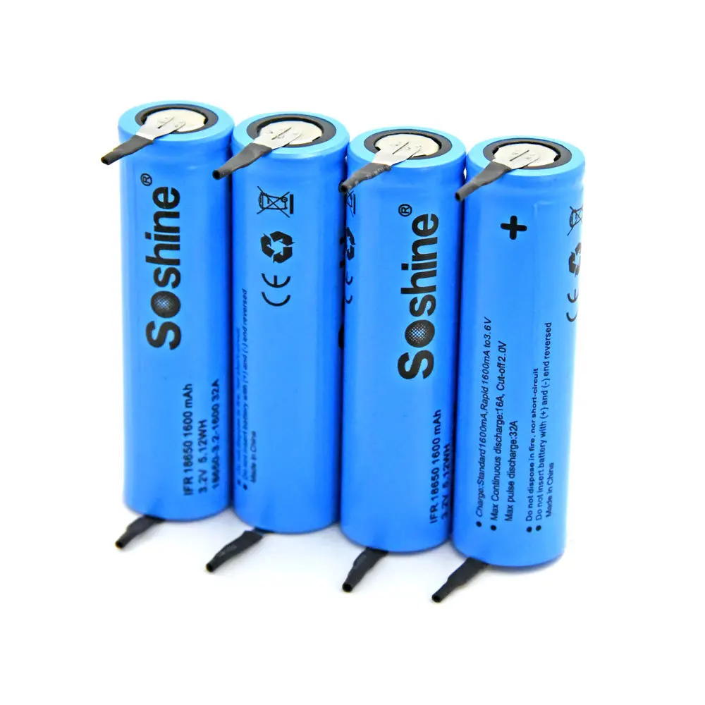 4pcs Soshine LiFePO4 18650 3.2V 1600mAh Rechargeable Battery with tab Spot welding battery