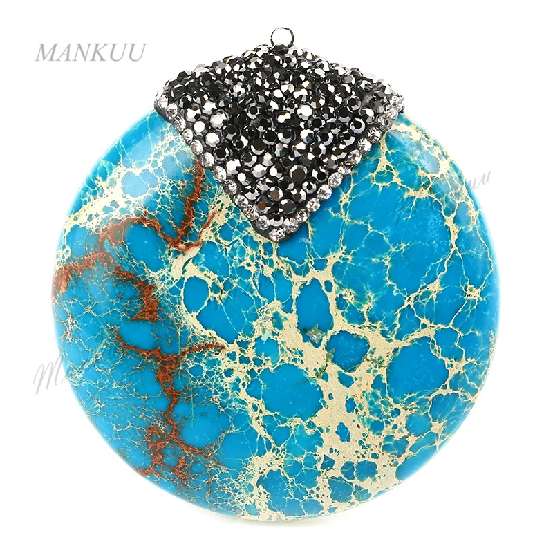 

Light Blue Micro Pave Sea Sediment Jaspers Beads Charm Necklace Pendant Pave Rhinestone Stone Round Pendant DIY Jewelry SSP075