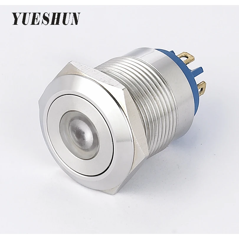 YUESHUN 19mm Light Switches Flat Round Front Shape LED Momentary Push Button Switch Pin Terminal Stainless Steel Power Switch