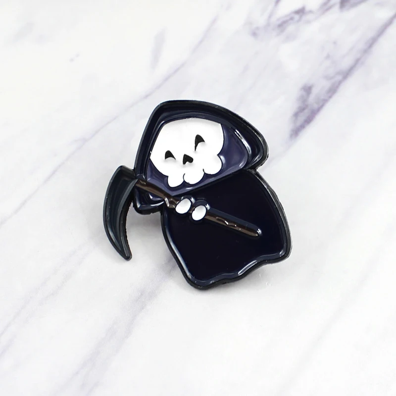 DGHY Cute Black Cloak Death Skull Enamel Pin Brooch Death With A Sickle In Hand Skeletonl For Children Lapel Denim Badge Jewelr