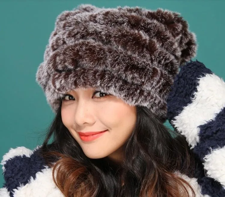 fur Christmas Hat Xmas Women's natural rex rabbit fur cap, brown red white autumn winter kitted warm cute party sweet H650