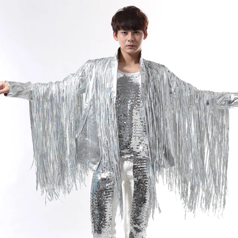 Men Silver Sequins Tassel Jacket Vest Pants 3 Piece Suit Tide Male Hip-hop Stage Costume Nightclub Rock Punk DJ Performance Set