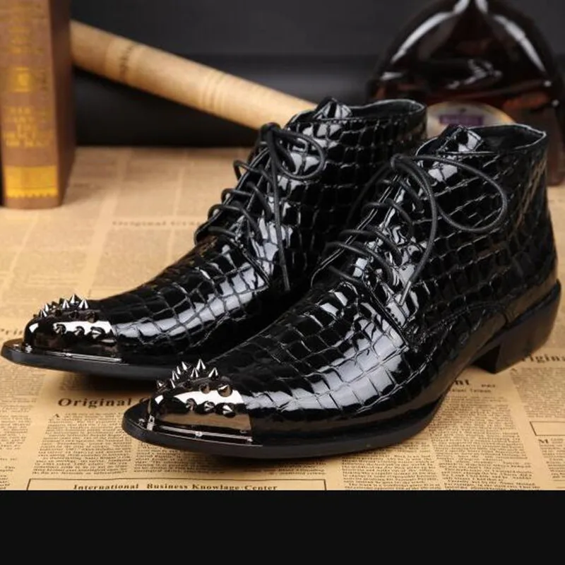 

2021 men snakeskin leather black boots winter shoes platform military black work motorcycle boots men shoes studded cowboy boots