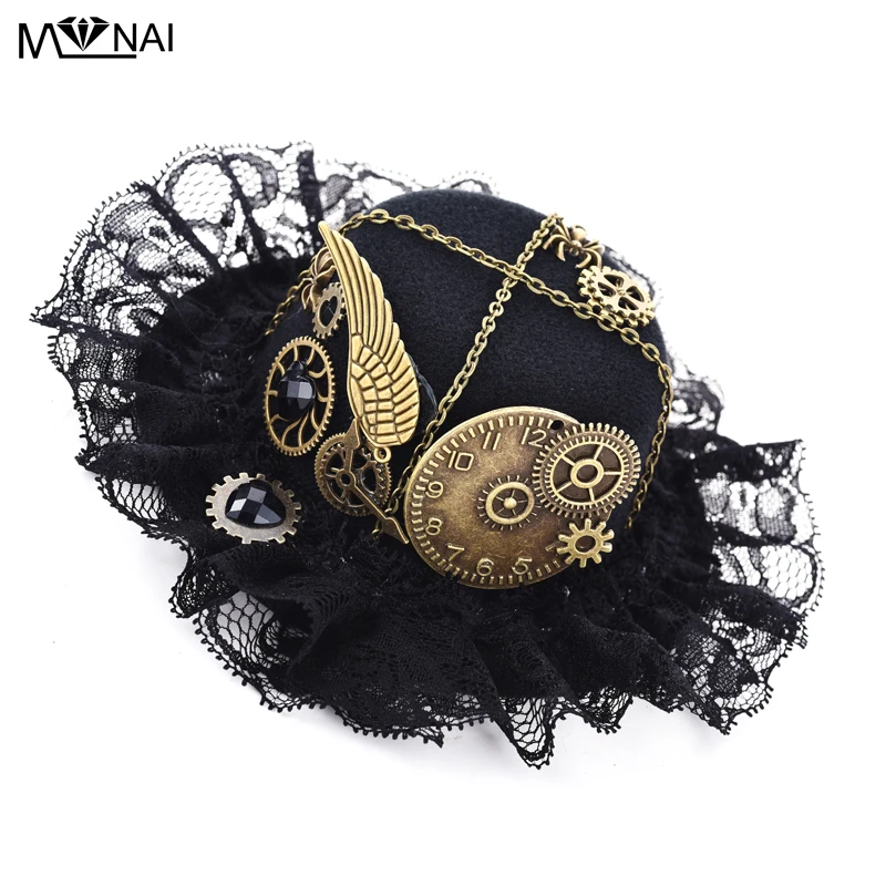 Women Gothic Steampunk Mini Hat Lace Hair Clip Wing Gears Steampunk Hairpin Headdress Accessories