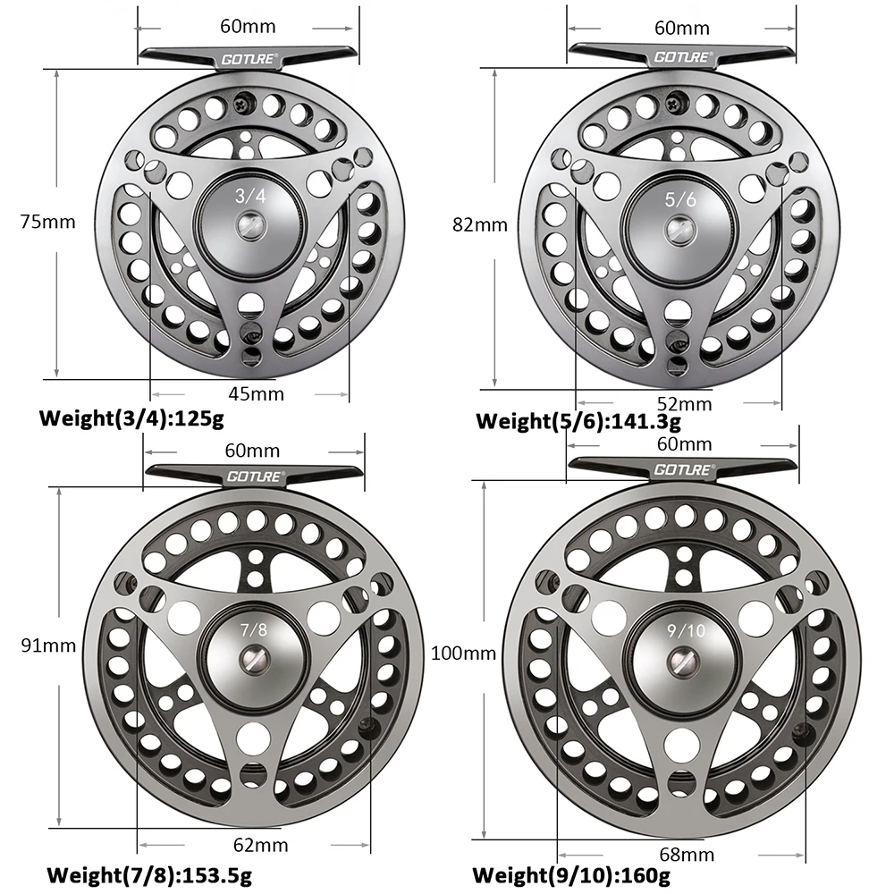 Goture 3/4 5/6 7/8 9/10 WT Large Arbor Fly Fishing Reel CNC-machined Aluminum Left/Right Die Casting Fly Reels Max Drag 8kg