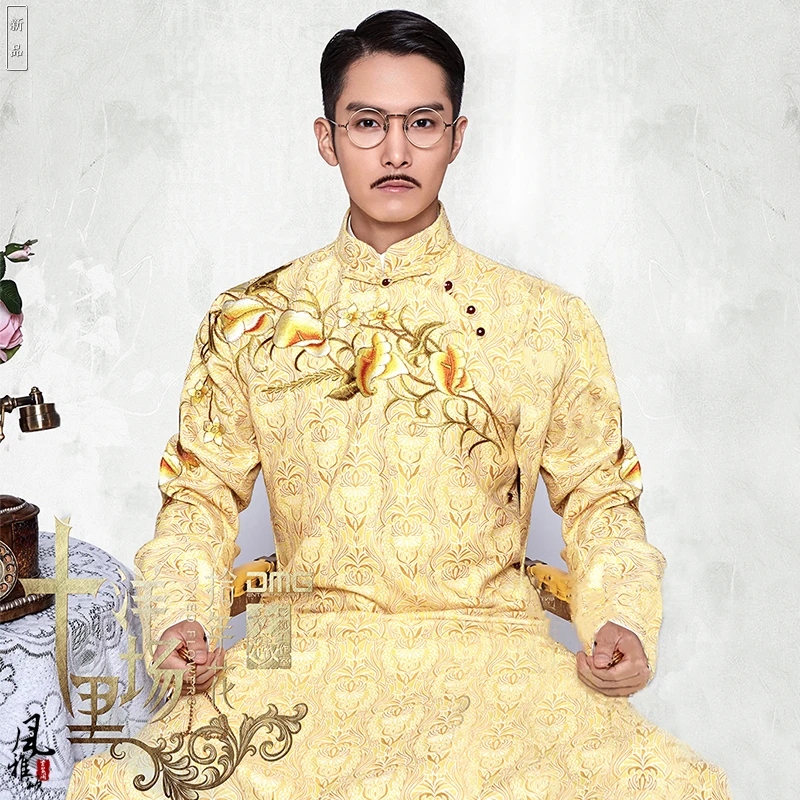 Sheng YiLun Male Republican Period Rich Men Long Gown Cross Talk Costume Hanfu for TV Play ShangHai Picked Flowers