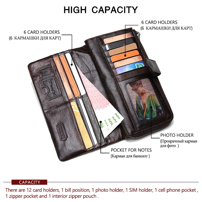 Contact\'s Brand Designer 100% Genuine Cow Leather Clutch Wallets Purse Card Holder Vintage Wallet Men with Coin Purse Pocket