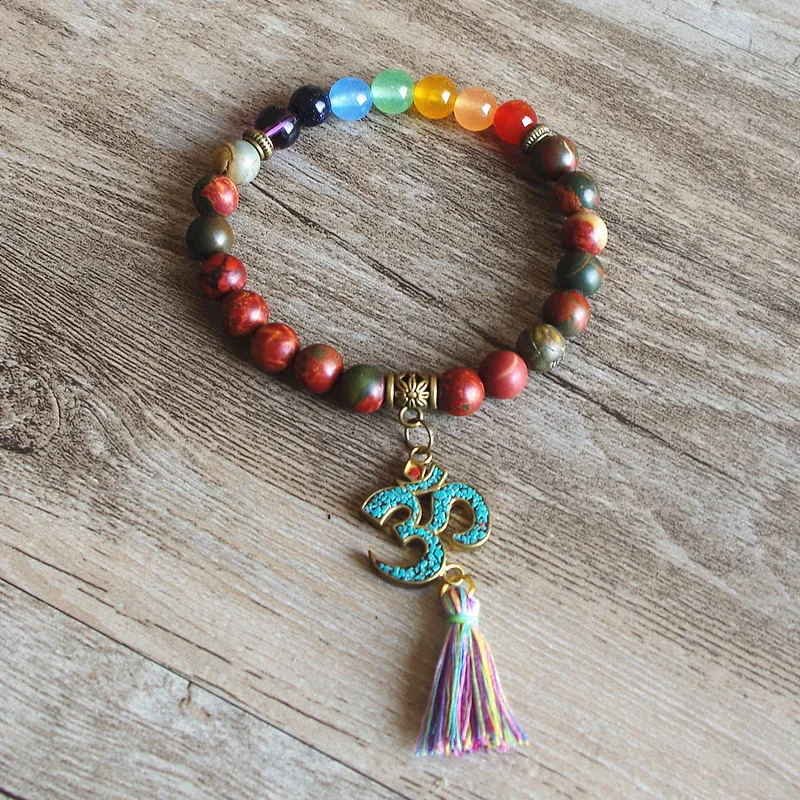 7 Chakra OM Tassels Bracelet Tibetan Buddha Yoga Healing Prayer Mala Charm Beaded Bracelet Jewelry for Women Men