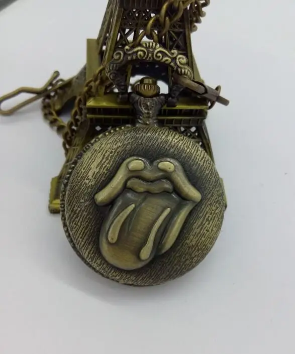 

Bronze Vintage Tongue Rolling Stones Quartz Pocket Watch Pendant Necklace Mens Womens Souvenir Gift pocket watches with chain